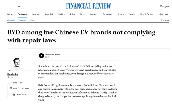 开云体育注册入口-最高1000万澳元处罚!中国车企在澳洲因维修权被警告